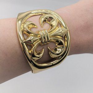 Gold Tone Fleur de Lis Hinged Statement Bracelet